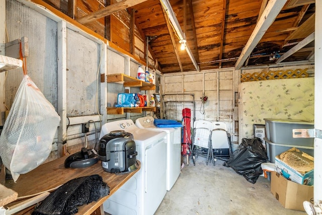1226 Saint Matthew St, Gonzales, TX 78629 - basement featuring washing machine and clothes dryer, a garage, and wooden ceiling