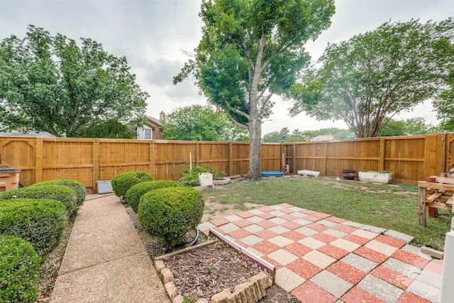 view of yard featuring a patio area and a fenced backyard