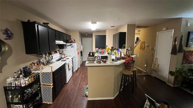 9625 Sugar Hill Dr, Austin, TX 78748 - kitchen with a breakfast bar, dark cabinetry, light countertops, and electric range
