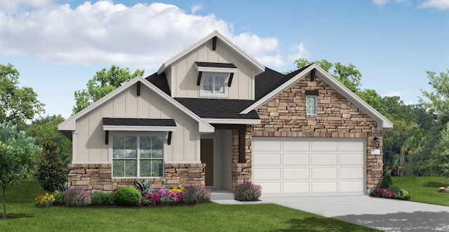 craftsman house featuring stone siding, board and batten siding, a front yard, and concrete driveway