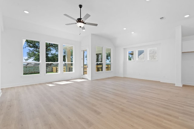 1108 Snowdrop Dr, Georgetown, TX 78628 - unfurnished living room featuring a ceiling fan, light wood finished floors, recessed lighting, and vaulted ceiling