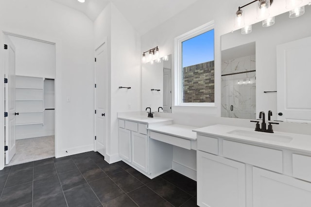 1108 Snowdrop Dr, Georgetown, TX 78628 - full bathroom with a marble finish shower, double vanity, and tile patterned flooring