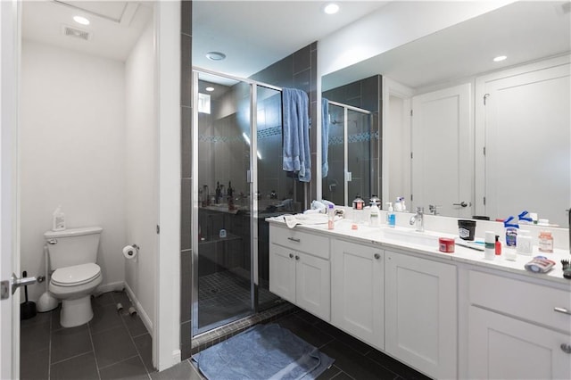 bathroom featuring toilet, vanity, visible vents, tile patterned floors, and a stall shower