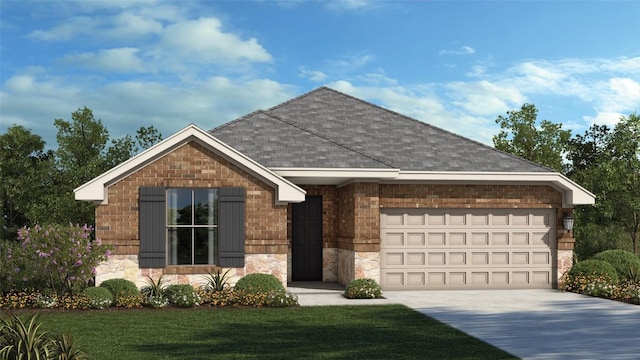 exterior space with stone siding, a garage, concrete driveway, a shingled roof, and a front lawn