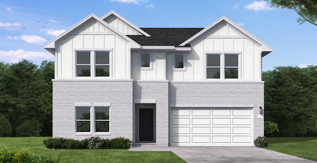 view of front facade featuring concrete driveway, board and batten siding, brick siding, and a front lawn