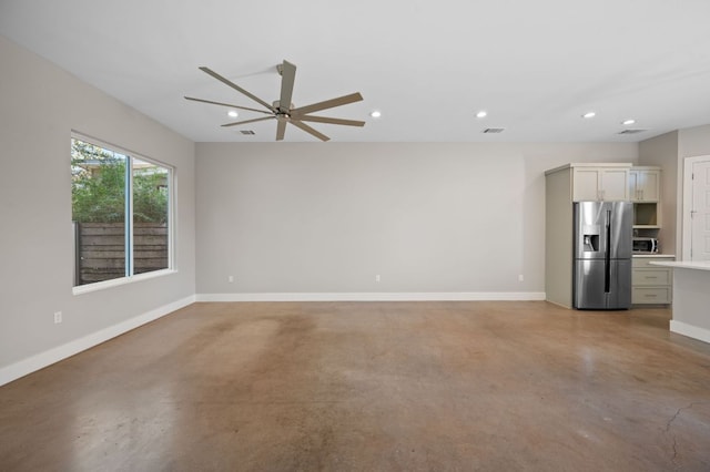 1210 Stobaugh St Unit B, Austin, TX 78757 - unfurnished living room with concrete flooring, visible vents, recessed lighting, ceiling fan, and baseboards