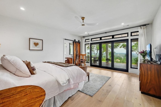 bedroom featuring visible vents, recessed lighting, ceiling fan, light wood-style flooring, and access to exterior