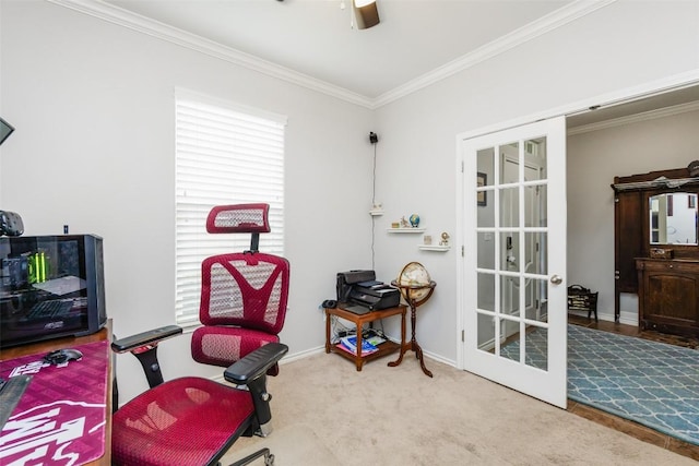 7241 Dunns Point Dr, Corpus Christi, TX 78414 - carpeted office featuring crown molding, french doors, baseboards, and ceiling fan