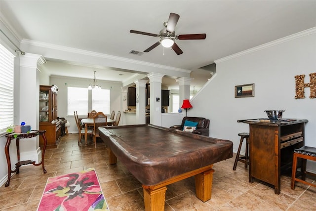 7241 Dunns Point Dr, Corpus Christi, TX 78414 - rec room featuring billiards, ornamental molding, baseboards, and visible vents