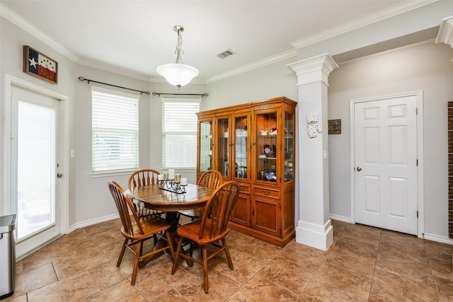 7241 Dunns Point Dr, Corpus Christi, TX 78414 - dining area featuring ornamental molding, baseboards, ornate columns, and visible vents