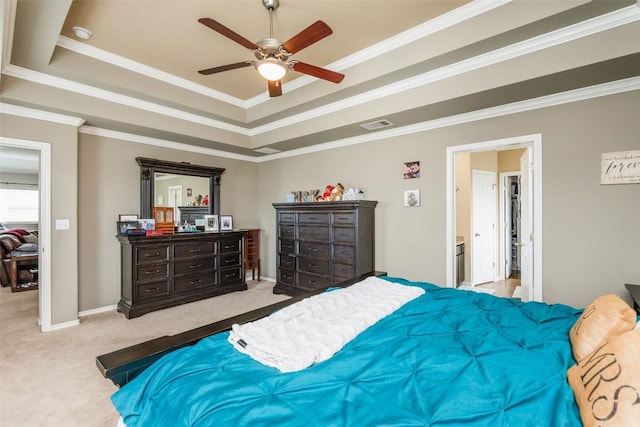 7241 Dunns Point Dr, Corpus Christi, TX 78414 - bedroom with carpet floors, crown molding, visible vents, a raised ceiling, and ceiling fan