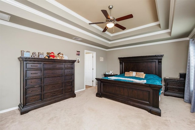 7241 Dunns Point Dr, Corpus Christi, TX 78414 - bedroom featuring crown molding, a tray ceiling, visible vents, and light colored carpet