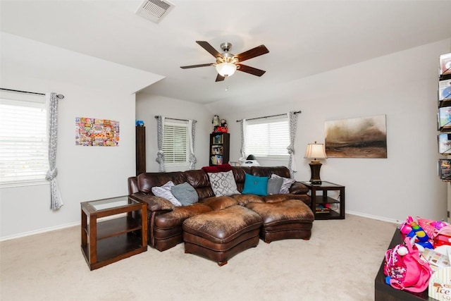 7241 Dunns Point Dr, Corpus Christi, TX 78414 - living area with baseboards, carpet floors, a ceiling fan, and visible vents