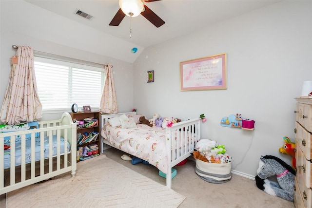 7241 Dunns Point Dr, Corpus Christi, TX 78414 - carpeted bedroom with lofted ceiling, ceiling fan, baseboards, and visible vents