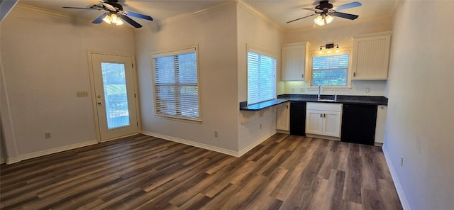 8660 Cedar Hill Rd, Brenham, TX 77833 - kitchen with ceiling fan, dishwasher, dark wood-style flooring, dark countertops, and crown molding