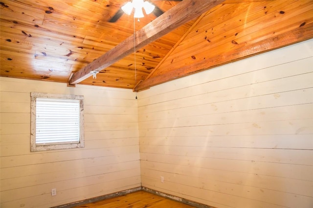 8660 Cedar Hill Rd, Brenham, TX 77833 - unfurnished room featuring wooden ceiling, wood finished floors, a ceiling fan, and wooden walls