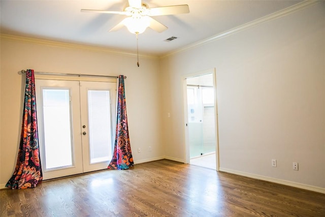 8660 Cedar Hill Rd, Brenham, TX 77833 - unfurnished room with french doors, wood finished floors, crown molding, and a ceiling fan