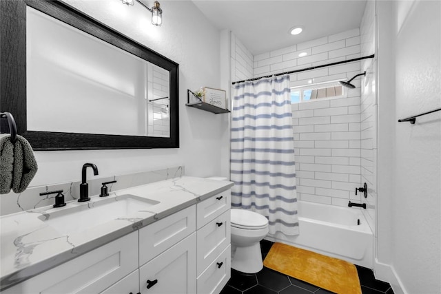 bathroom with toilet, shower / tub combo, tile patterned floors, vanity, and recessed lighting