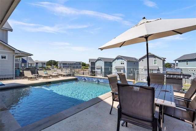 view of swimming pool featuring fence, a fenced in pool, and a residential view