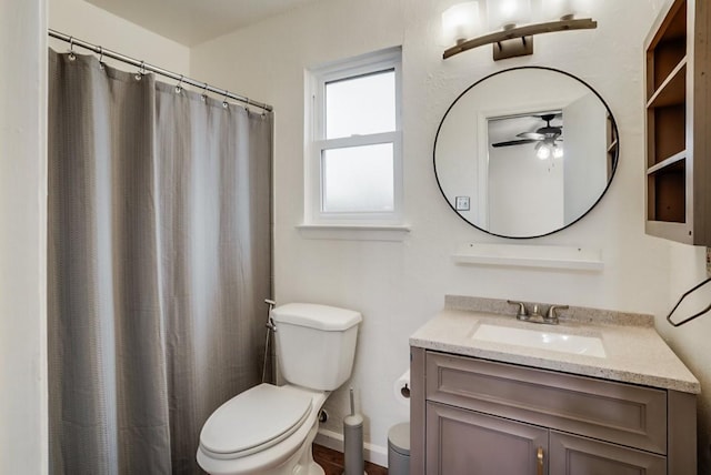 302 Garden Ct, Round Rock, TX 78664 - bathroom featuring ceiling fan, toilet, a shower with shower curtain, and vanity