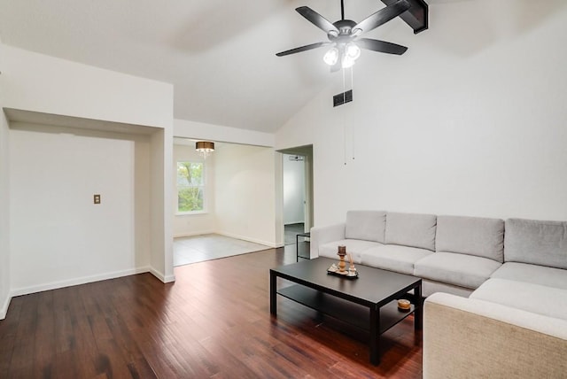302 Garden Ct, Round Rock, TX 78664 - living area with lofted ceiling, wood finished floors, visible vents, a ceiling fan, and baseboards