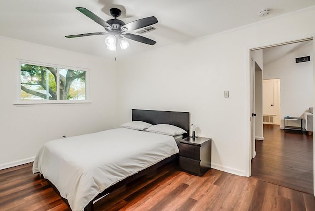 302 Garden Ct, Round Rock, TX 78664 - bedroom featuring ceiling fan, baseboards, visible vents, and wood finished floors