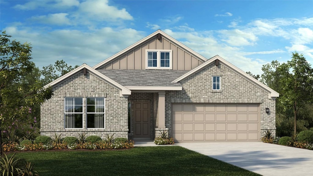craftsman-style home with board and batten siding, driveway, brick siding, an attached garage, and a front lawn
