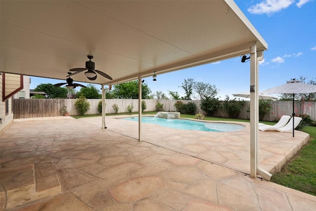 view of swimming pool with a ceiling fan, a patio area, a fenced in pool, and a fenced backyard