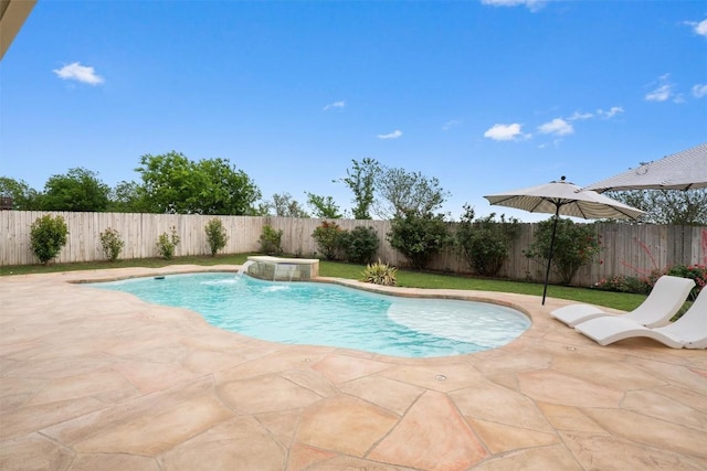 view of pool featuring a patio, a fenced backyard, and a fenced in pool
