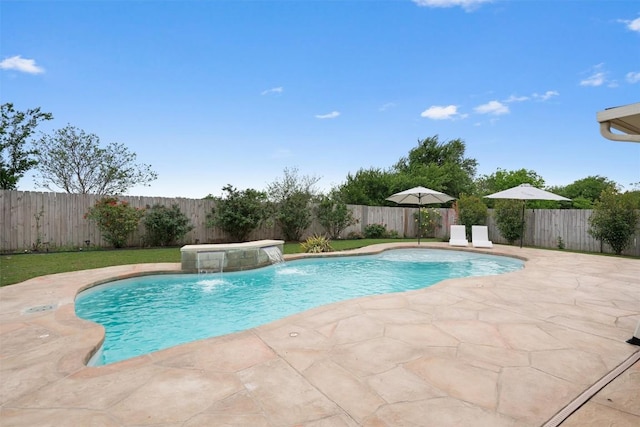 view of pool with a patio, a fenced backyard, and a fenced in pool