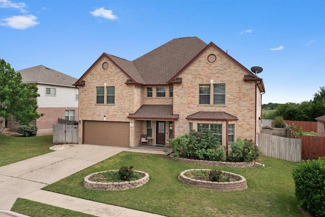 traditional home with brick siding, fence, a garage, concrete driveway, and a front yard