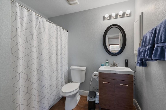 full bath with toilet, tile patterned floors, visible vents, baseboards, and vanity