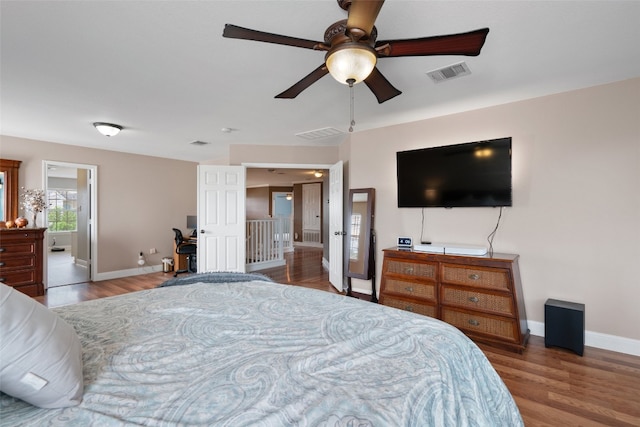 bedroom with ceiling fan, baseboards, visible vents, and wood finished floors