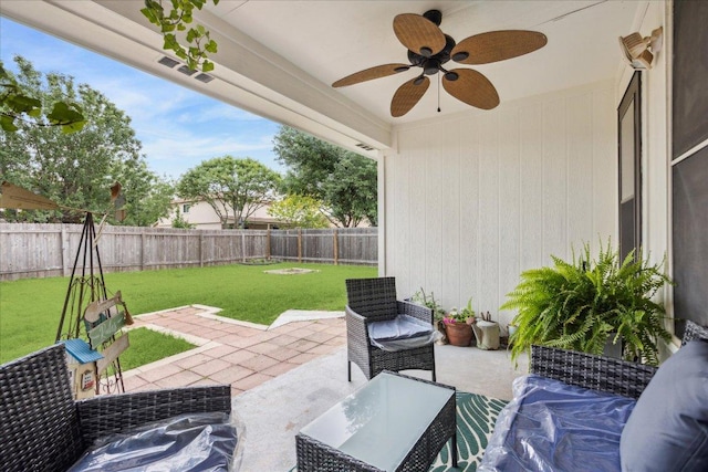 view of patio featuring a fenced backyard, a ceiling fan, and visible vents