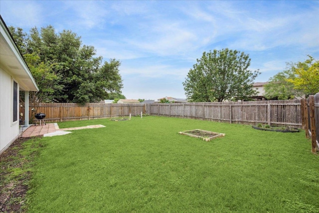 view of yard with a patio area and a fenced backyard