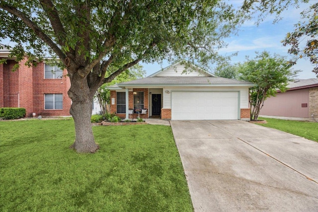ranch-style house with brick siding, covered porch, a garage, concrete driveway, and a front yard