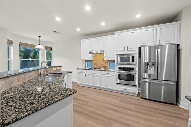 2509 Salorn Way, Round Rock, TX 78681 - kitchen featuring under cabinet range hood, visible vents, a sink, decorative backsplash, and appliances with stainless steel finishes