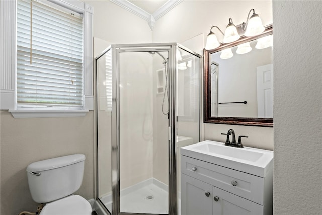 2509 Salorn Way, Round Rock, TX 78681 - full bath with a stall shower, toilet, vanity, and crown molding