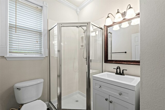 2509 Salorn Way, Round Rock, TX 78681 - full bathroom with ornamental molding, vanity, and a shower stall