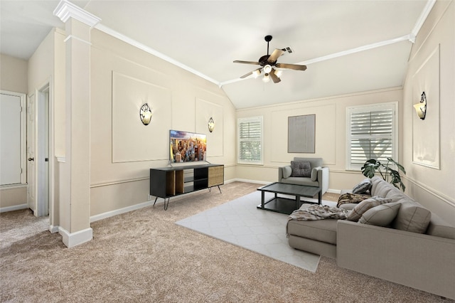 2509 Salorn Way, Round Rock, TX 78681 - living room with a ceiling fan, lofted ceiling, carpet, visible vents, and crown molding