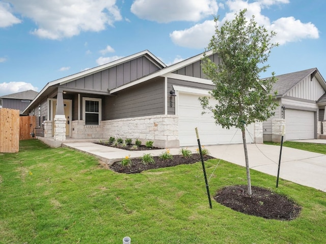 ranch-style home with concrete driveway, board and batten siding, an attached garage, and fence