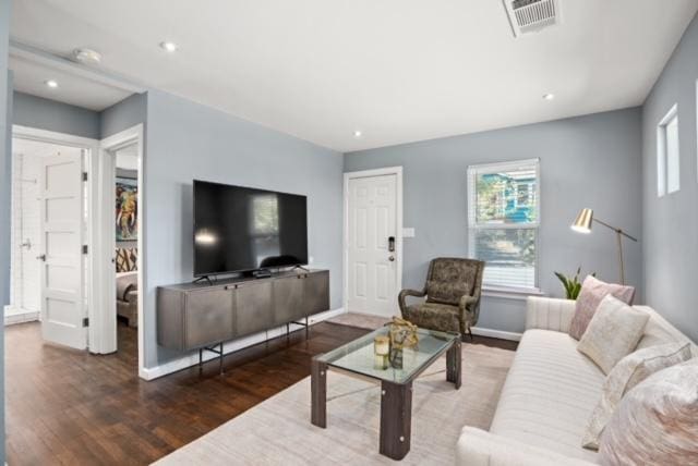 1183 Coleto St, Austin, TX 78702 - living room with wood finished floors, baseboards, and recessed lighting