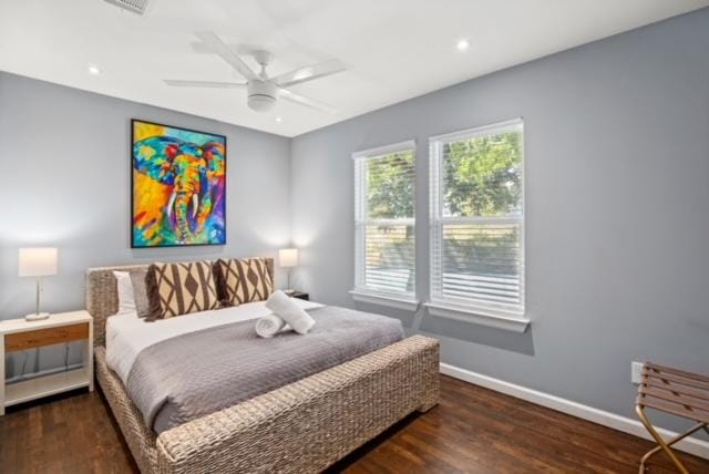 1183 Coleto St, Austin, TX 78702 - bedroom featuring wood finished floors, baseboards, recessed lighting, and ceiling fan