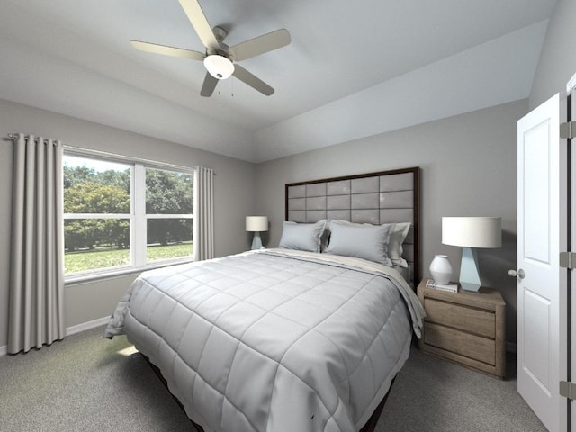 carpeted bedroom with baseboards and ceiling fan