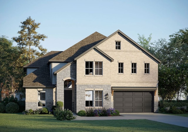 view of front of home with a garage, stone siding, and a front yard