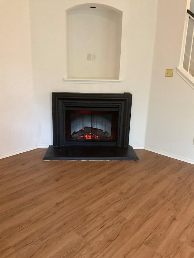 room details featuring baseboards, wood finished floors, and a fireplace with raised hearth