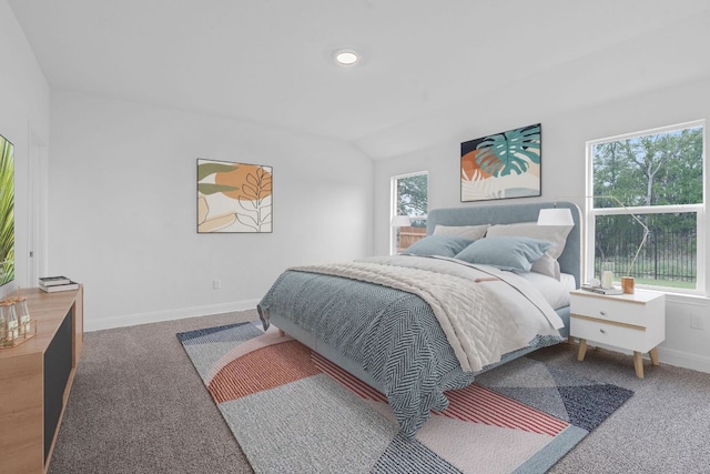 409 Rivers Edge Dr, Georgetown, TX 78628 - carpeted bedroom with baseboards, lofted ceiling, and recessed lighting