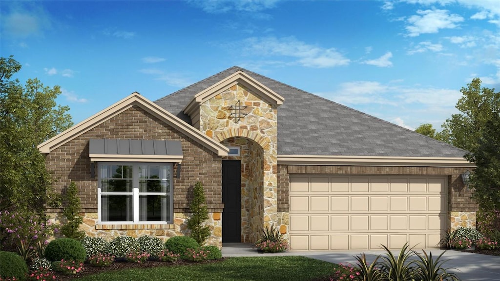 view of front of house featuring concrete driveway, roof with shingles, an attached garage, and stone siding