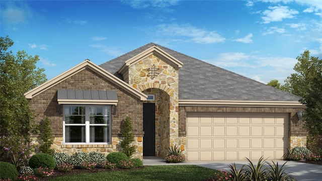 view of front of house featuring concrete driveway, roof with shingles, an attached garage, and stone siding