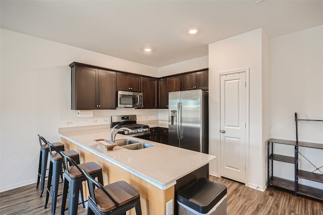 kitchen with light wood finished floors, a sink, dark brown cabinetry, light countertops, and appliances with stainless steel finishes